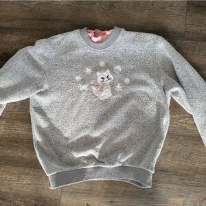 Vintage Granny Cat & Snowflake Embroidered BonWorth Pink and Gray Knit XS